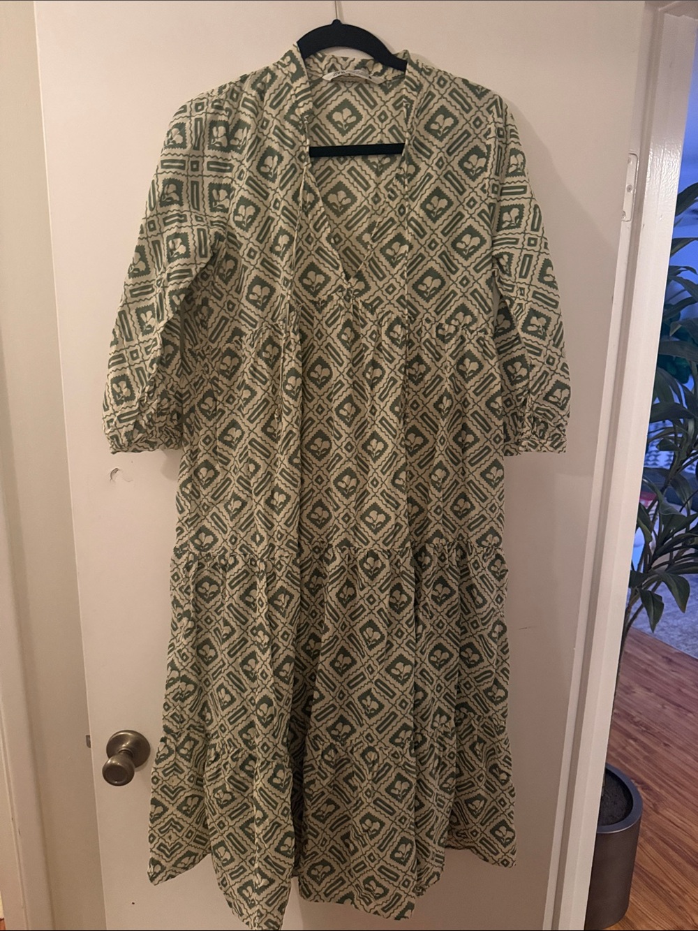 Zara Green and Cream V-Neck Tiered Maxi Dress